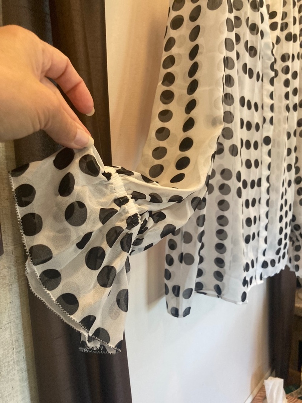 White House Black Market White Sheer Polka Dot Blouse with Black Dots - Picture 4 of 10